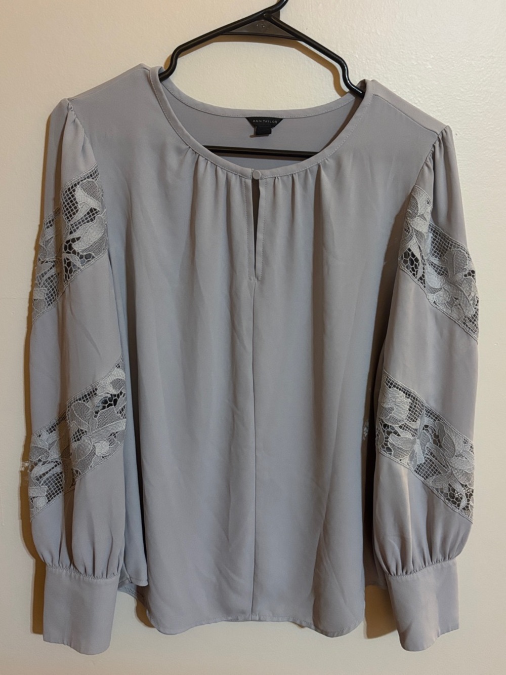 Ann Taylor Light Gray Lace-Trim Long Sleeve Blouse